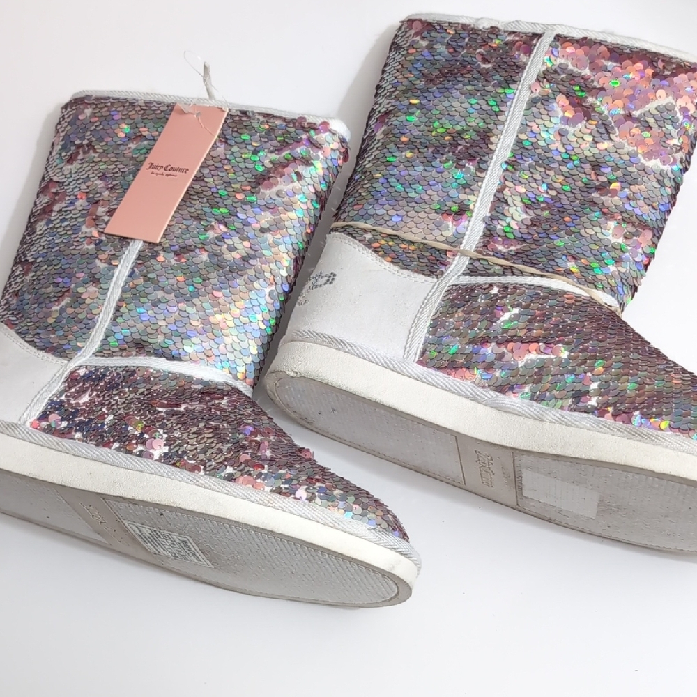 Juicy Couture Iridescent Pink and Silver Sequin Mid-Calf Boots - Picture 2 of 6